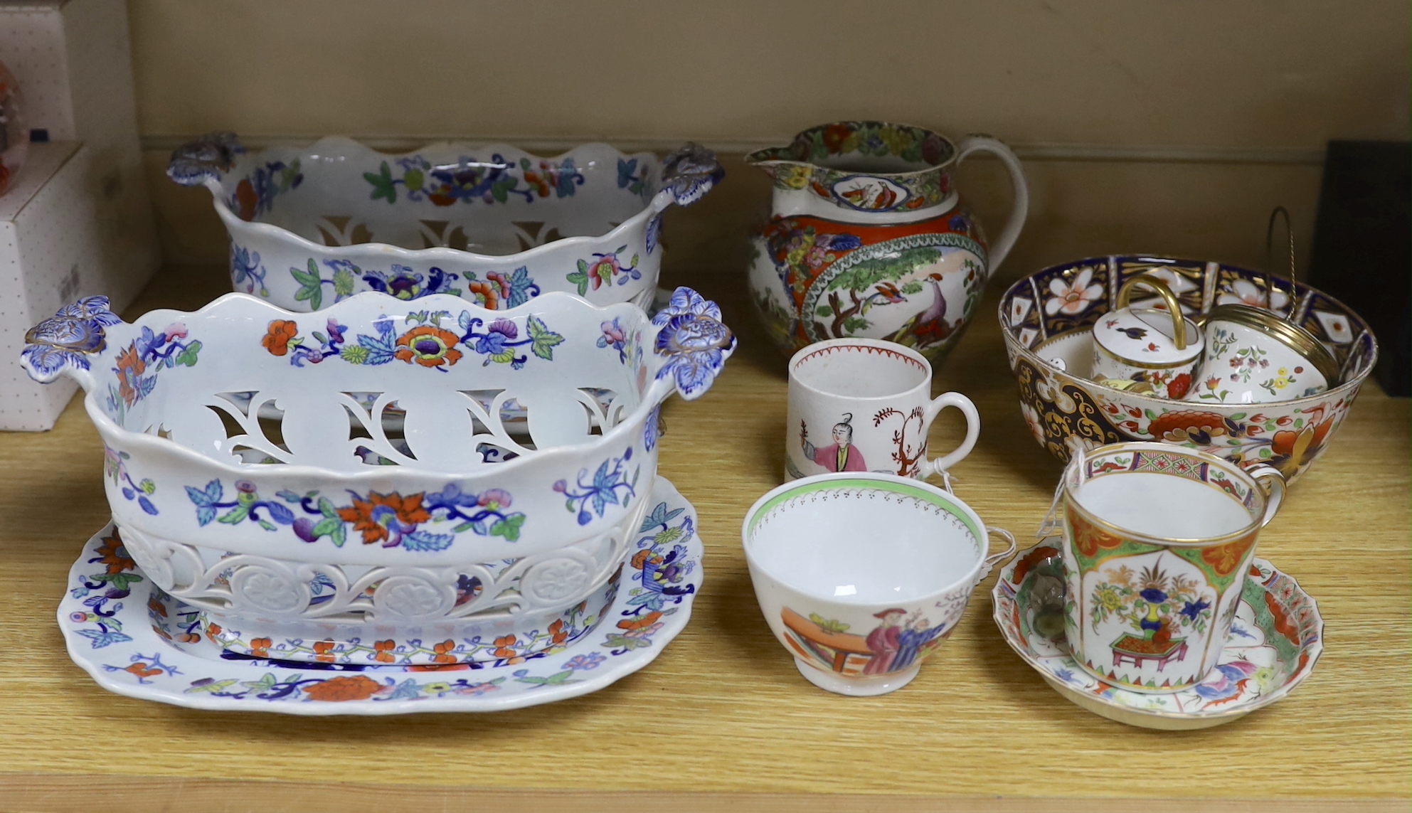 A pair of English ‘Japan Opaque’ china chestnut baskets and stands, c.1825, a Worcester 'dragons in compartments' saucer, Liverpool? coffee can a tea bowl, a pearlware jug etc.